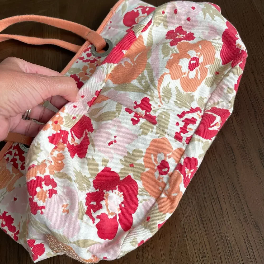 American Eagle Floral Sequined Canvas Tote Bag Cloth Shoulder Salmon Peach